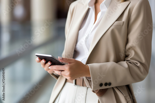 Modern Businesswoman using Smartphone for Communication in a Corporate Office with a Happy and Professional Background.