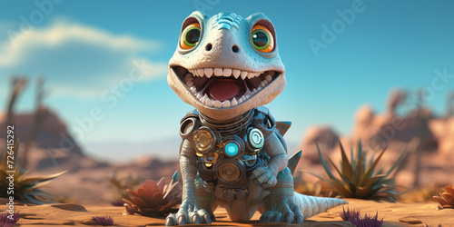 Cute reptile monster alien robot, robotic animal isolated over sky background.