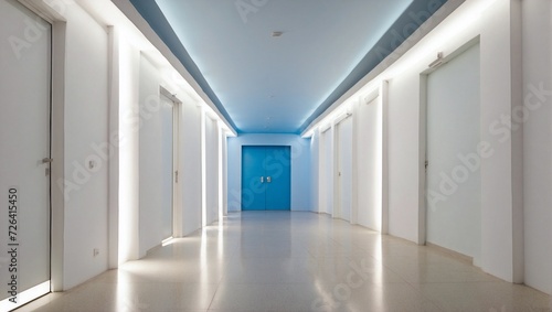 corridor with lights left and right and at the end of it a white door .
