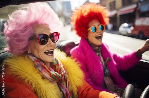 Two women wearing colorful clown costumes and sunglasses smile and wave from their car during a lively parade on the bustling street, their faces adorned with goggles and fashion accessories