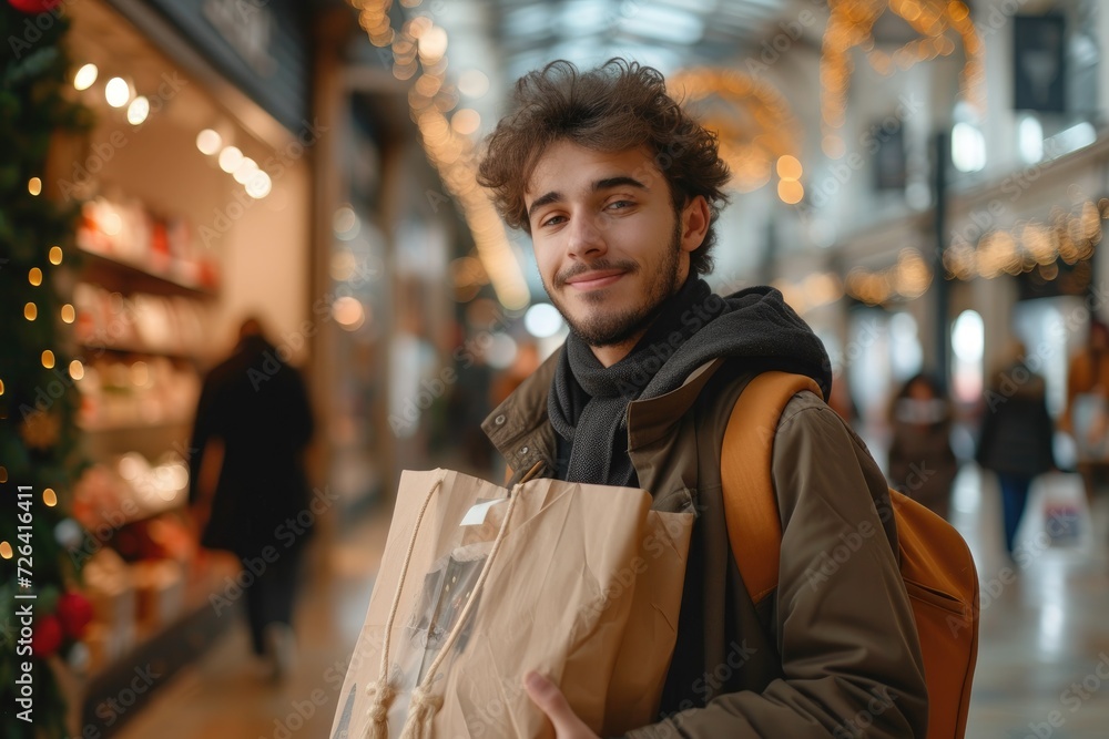 A young man shopping for gifts in a mall. Generative Ai.