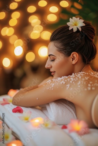 A woman is pictured receiving a relaxing back massage at a spa. This image can be used to promote wellness, self-care, and the benefits of spa treatments