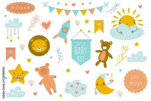 Funny vector bright vector set for babies with fun characters and elements