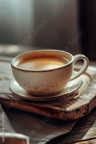 A cup of coffee sitting on top of a saucer. Perfect for coffee lovers and cafe scenes