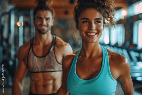 A happy, fit couple leaving the gym. Generative Ai. photo