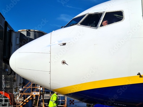 2022.10.02 Milan Malpensa Airport, Ryanair low-cost airline, 
evocative image of the plane stopped in the parking area