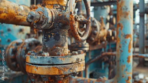 A photograph of a rusted pipe and valves in a building. This image can be used to showcase the deterioration of infrastructure or as a metaphor for neglect and decay