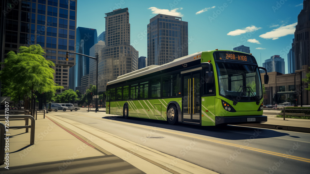 Green city bus navigating through downtown urban streets