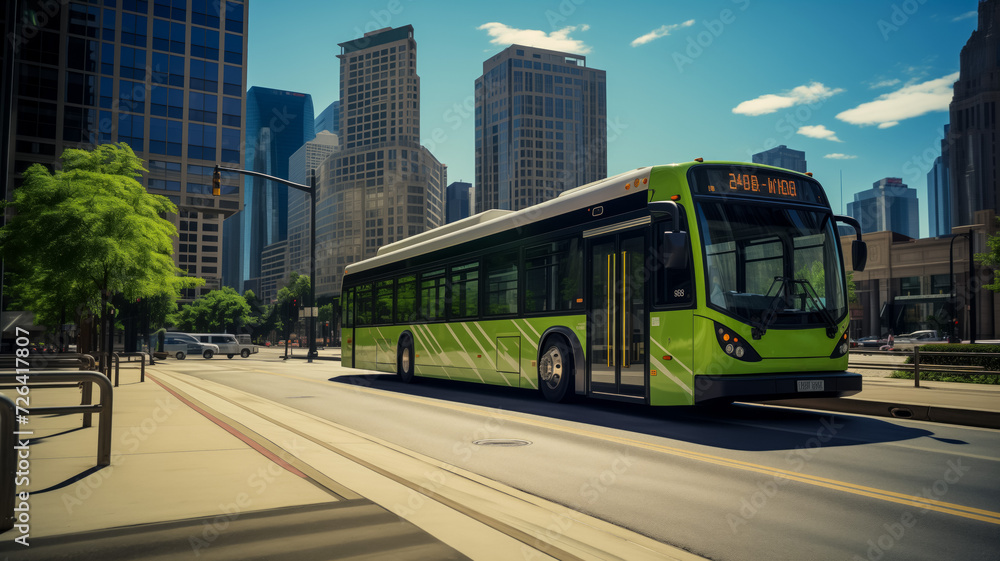 Obraz premium Green city bus navigating through downtown urban streets