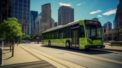 Green city bus navigating through downtown urban streets © thodonal