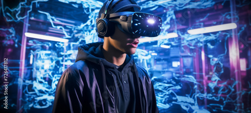 Man in vr headset immersed in futuristic virtual reality experience © thodonal