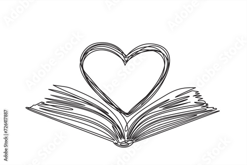 Love reading. Open book with heart shape from pages. Continuous line drawing. Education concept.