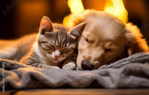 Cozy cat and dog napping together by a warm fire