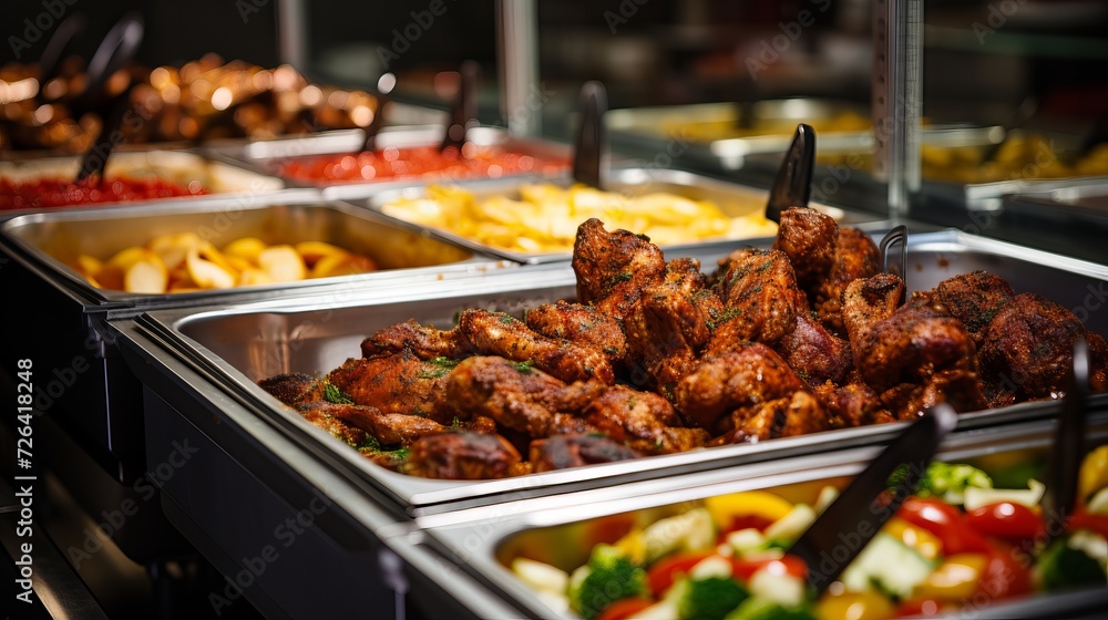 Indoor group catering with vibrant selection of meat, fruits, and vegetables at restaurant