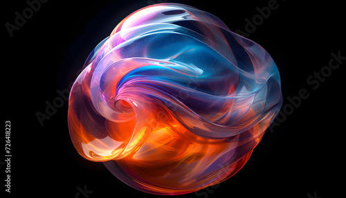 an abstract orange, purple, and blue sphere, colorful biomorphic forms, black background, polished metamorphosis photo