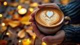 Morning concept  hands holding coffee cup with heart symbol on mug for a positive start.