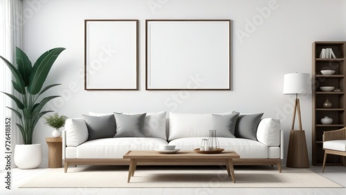 Modern cozy mock up and decoration furniture of living room and empty canvas frame on the white wall texture background  3D rendering. generative  ai.