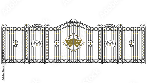 Metal gate with railing, theater coat of arms on the main door, 3d illustration, 3d rendering photo