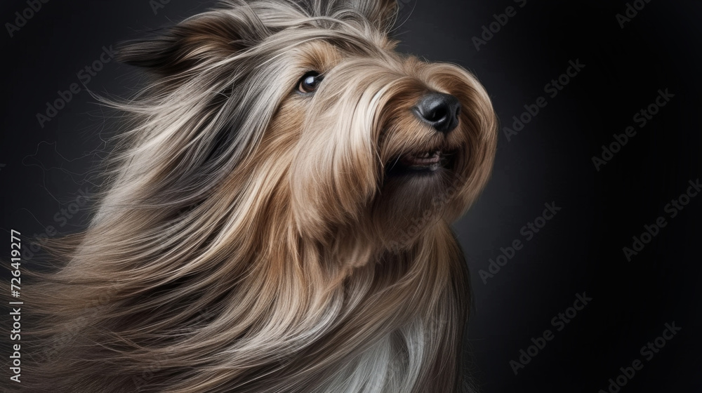 Naklejka premium A dog with long hair blowing in the wind in style of fashion editorial. Dog coat on dark background. Grooming