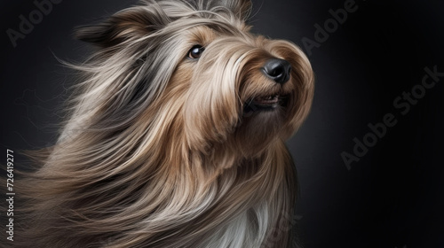 A dog with long hair blowing in the wind in style of fashion editorial. Dog coat on dark background. Grooming