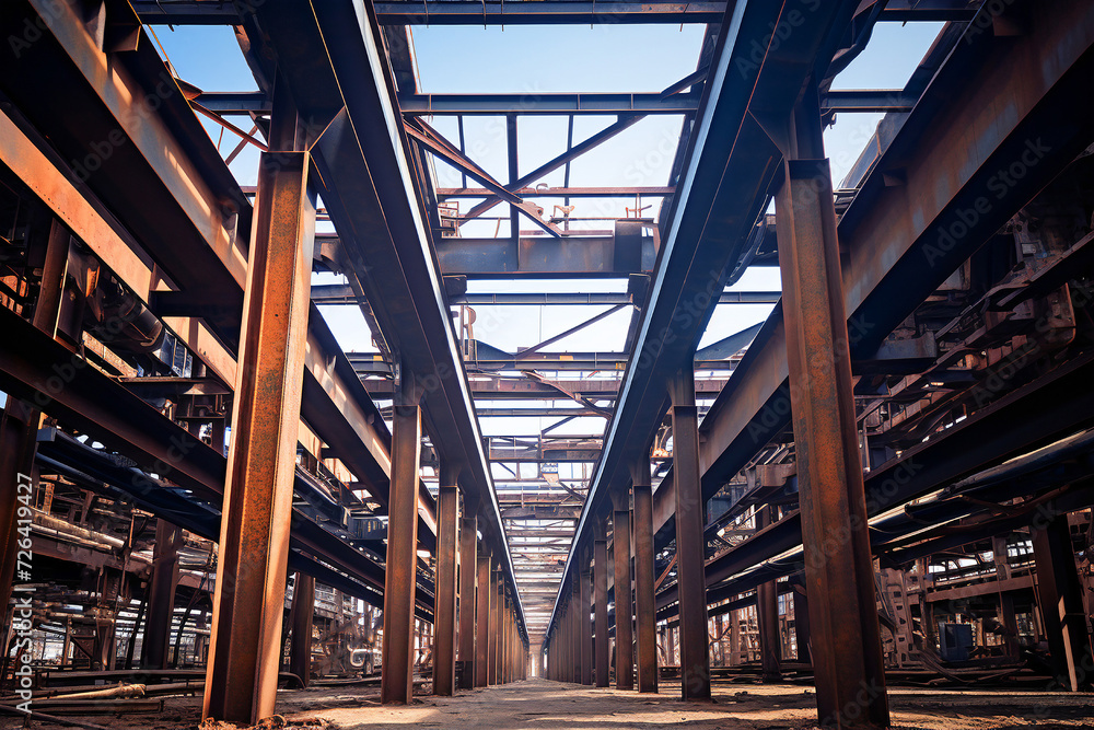 A sturdy steel construction featuring massive beams and welded columns, showcasing the industrial beauty of architectural design.