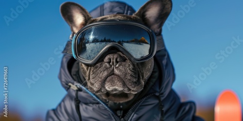 A dog wearing goggles and a jacket. Perfect for outdoor adventures with your furry friend
