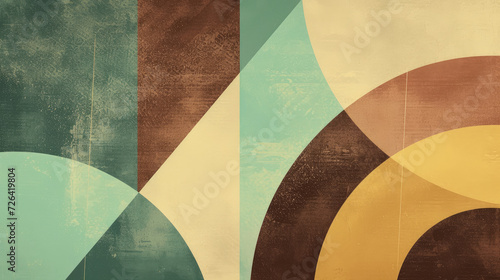 Abstract background in trendy Bauhaus style, combining canary brown, mint green and gold bars with a harmonious mix of curves and straight lines