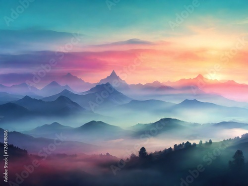 Silhouette mountains with colorful morning fog. design for poster, banner, flyer, web, social media. ai generative design