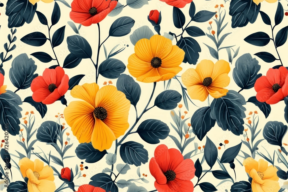 Flat floral spring seamless pattern design. Ideal for textile, wallpaper, fabric prints or wrapping paper Flat floral spring seamless pattern design. Ideal for textile, wallpaper, fabric prints or wrapping paper