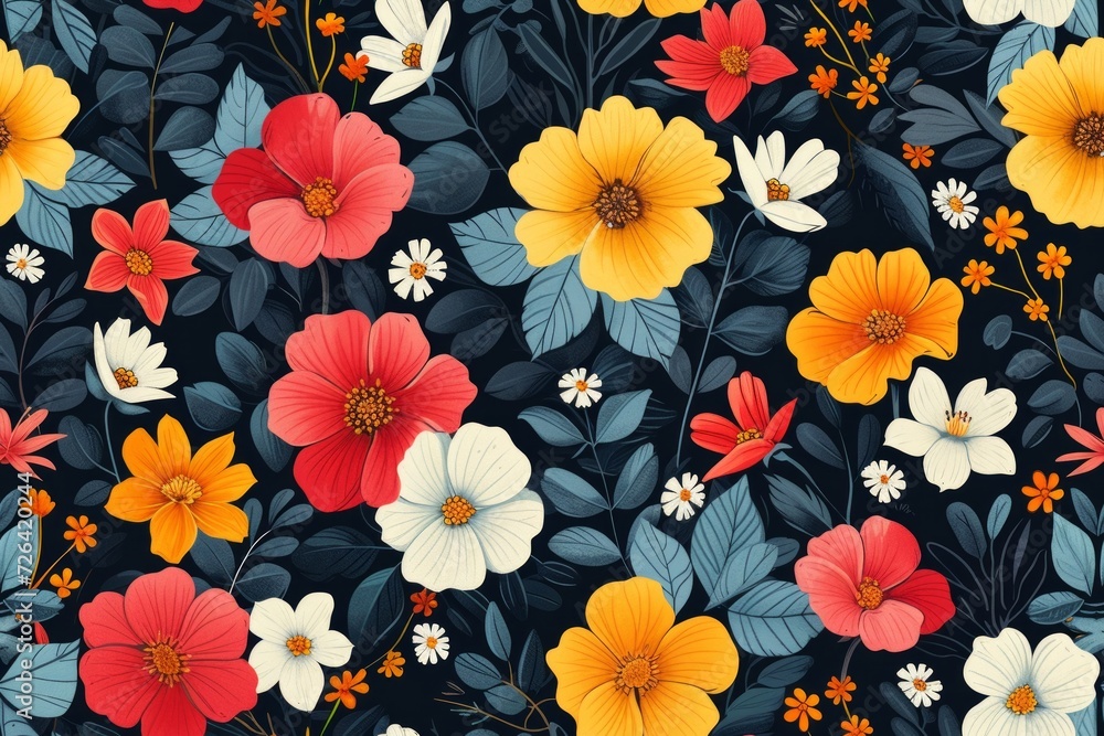 Flat floral spring seamless pattern design. Ideal for textile, wallpaper, fabric prints or wrapping paper Flat floral spring seamless pattern design. Ideal for textile, wallpaper, fabric prints or wrapping paper