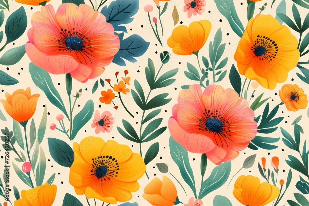 Flat floral spring seamless pattern design. Ideal for textile, wallpaper, fabric prints or wrapping paper Flat floral spring seamless pattern design. Ideal for textile, wallpaper, fabric prints or wrapping paper