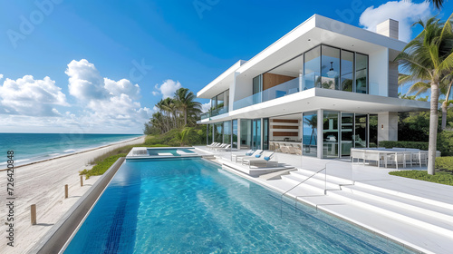 beautiful home on the beach, a white beach house mansion, modern design, big glass windows with a lot of detail