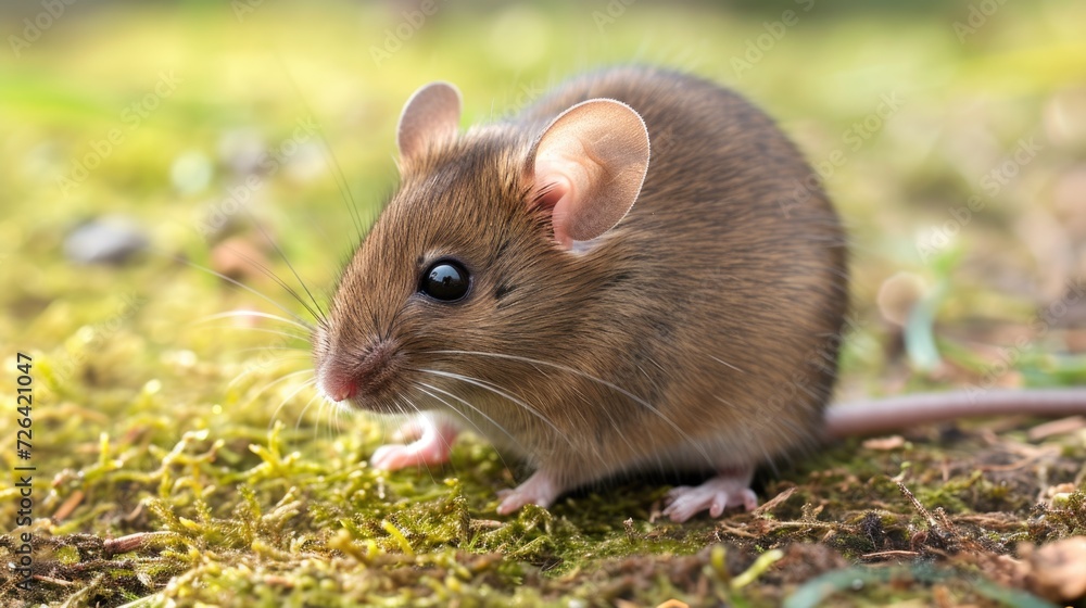 A brown mouse sitting on top of a lush green field. Suitable for nature and wildlife themes A brown mouse sitting on top of a lush green field. Suitable for nature and wildlife themes