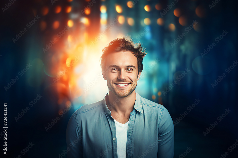 Smiling man on a vibrant background, exuding confidence and positivity. A colorful portrait capturing joy and urban style. Smiling man on a vibrant background, exuding confidence and positivity. A colorful portrait capturing joy and urban style.
