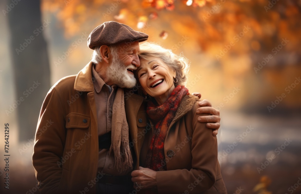 In this enchanting scene, a romantic elderly couple cherishes their golden days amid the natural beauty of an autumnal atmosphere.Generated image In this enchanting scene, a romantic elderly couple cherishes their golden days amid the natural beauty of an autumnal atmosphere.Generated image