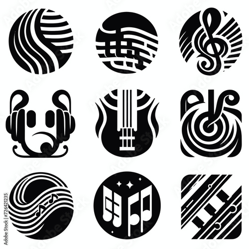 a set of black and white music icons, graphic musicality, vector graphics icon, music notes, robot icon, icon for an ai app, vector icon