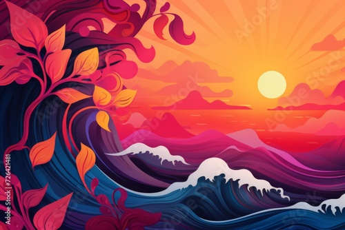 Abstract background for asian american and pacific islander heritage month in tropical and asian colors and waves photo