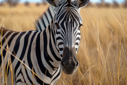 A close-up view of a zebra standing in a field of tall grass. This image can be used to depict wildlife  nature  or African safari themes