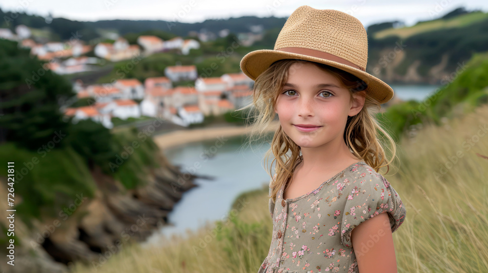 little girl in a straw hat in nature, village in the background