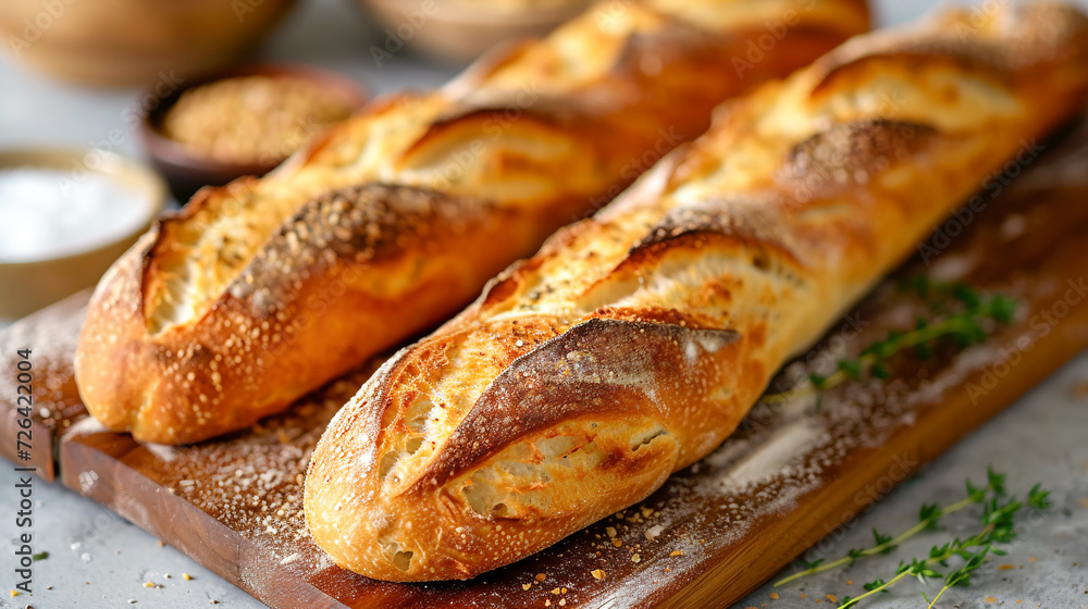 Freshly baked crusty French baguettes. Rustic atmosphere. Delicious whole organic food