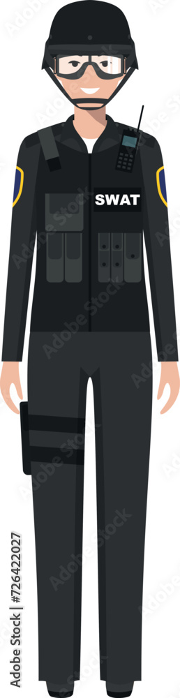 Standing SWAT Policewoman Officer in Traditional Uniform Character Icon in Flat Style. Vector Illustration. Standing SWAT Policewoman Officer in Traditional Uniform Character Icon in Flat Style. Vector Illustration.
