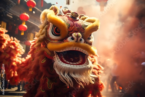 a lively Chinese New Year parade with traditional dragon and lion dancers bringing good luck to the community. © George Designpro