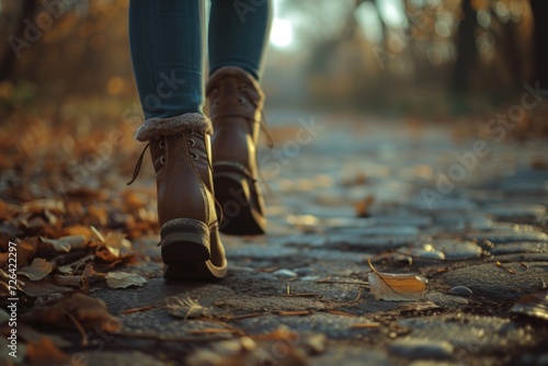 A close up view of a person walking on a path. Suitable for illustrating concepts of exercise, nature walks, or leisure activities