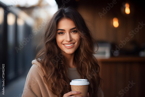 Smiling urban woman enjoying a coffee break on a lively city street. Stylish and cheerful, she adds a touch of joy to the vibrant cityscape