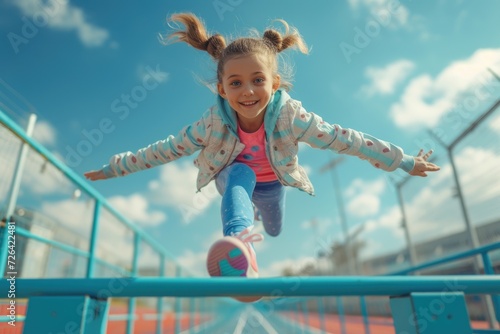 Little girl jogging in a stadium across hurdles. Generative Ai.