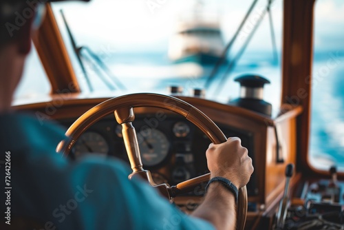 steering wheel in focus, captain navigating at rear