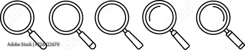 Search icon set. Magnifying glass linear vector collection for research information concept. Magnifying glass icon in trendy line style magnifier or loupe sign isolated on transparent background.