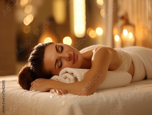 Beautiful young woman lying on massage bed in spa salon  relaxing atmosphere