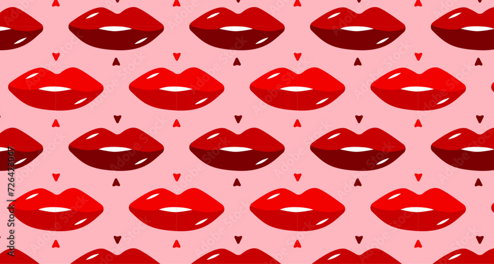 Lips seamless pattern. Beautiful pink red with hearts. Cosmetic or fashion wallpaper. Make up backdrop. Kiss and love elements. Lips seamless pattern. Beautiful pink red with hearts. Cosmetic or fashion wallpaper. Make up backdrop. Kiss and love elements.