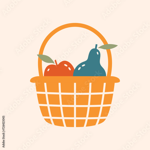 Cute cottagecore illustration with basket with apple and pear. Farm life. Village aesthetic. Cartoon clip art in flat design. Objects for picnic, eating on outdoor.